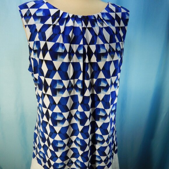 Calvin Klein Pleated Neck Blue/Black/White Sleeveless Size XLG Career Top EUC - Picture 1 of 14